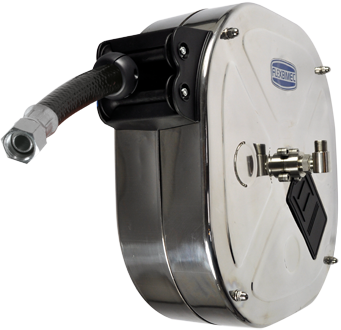 Automatic rewind, spring-driven hose reel